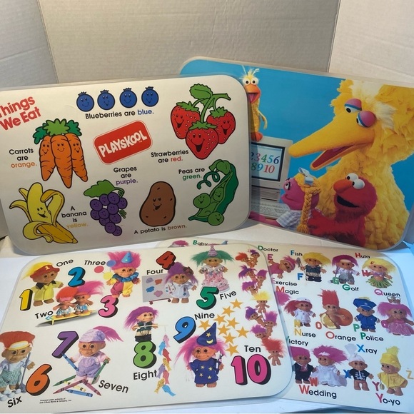 4 Vintage Kids Placemats Playskool Sesame Street Trolls - Picture 1 of 13